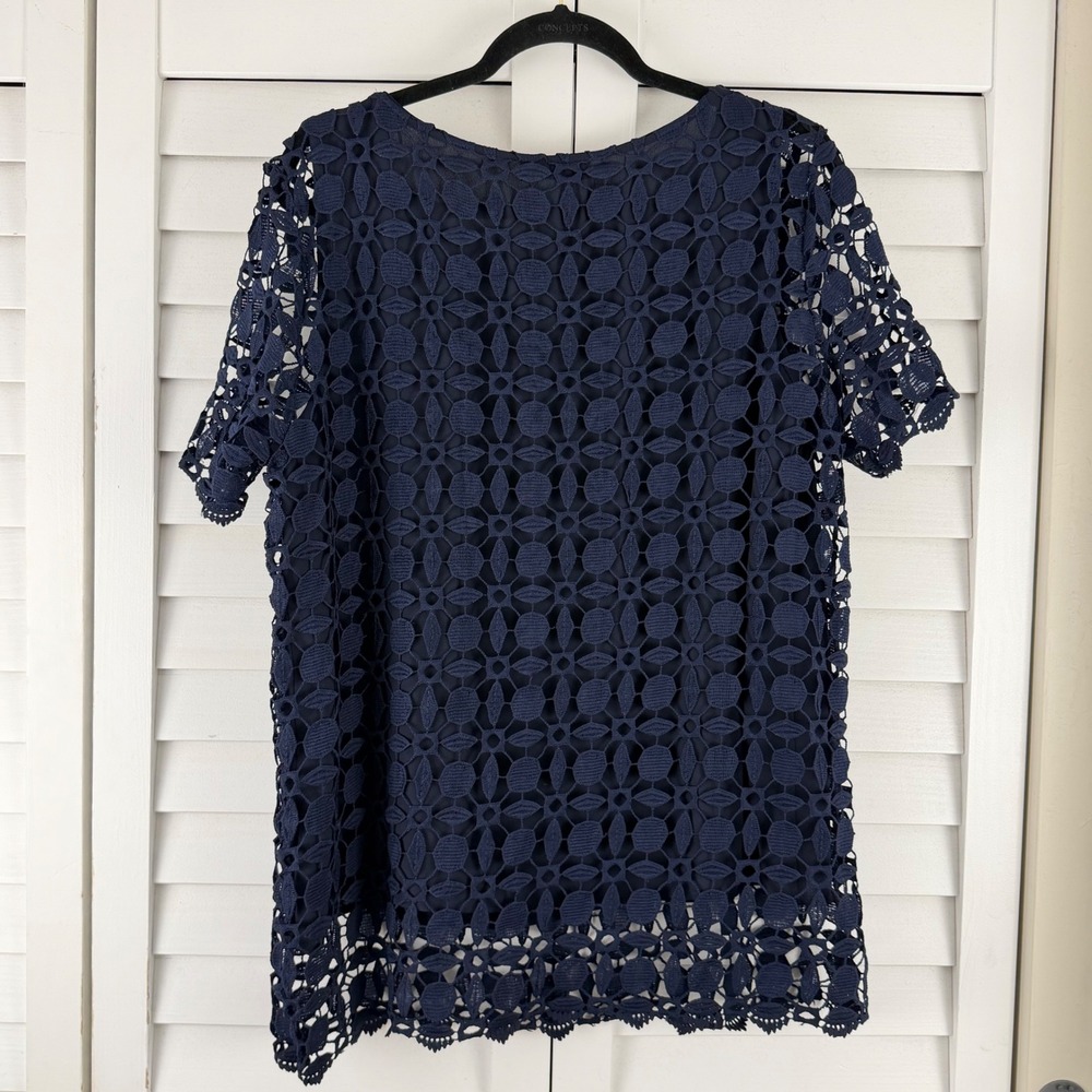 Renee C Crochet Top Women XL Navy NEW Short Sleeve Geometric Lace Blouse - Picture 6 of 16